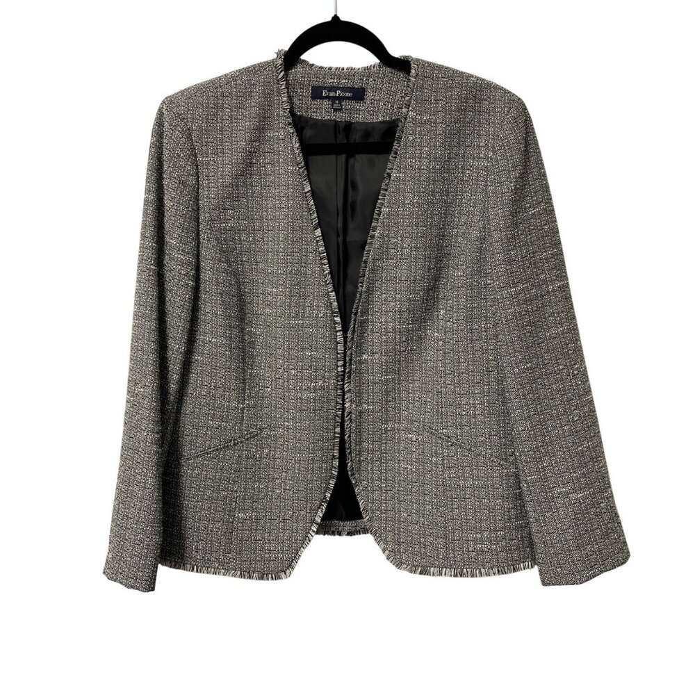 Evan Picone Blazer Neutral Tweed Black White Fringe Business Casual Womens 14